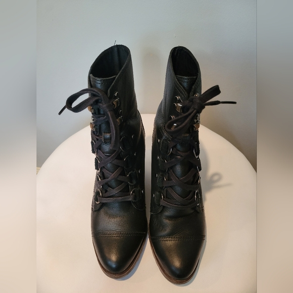 Sorel After Hours Black & Brown Lace Up Leather Wedge Wooden Heel Boots SZ 8.5 - Picture 5 of 13